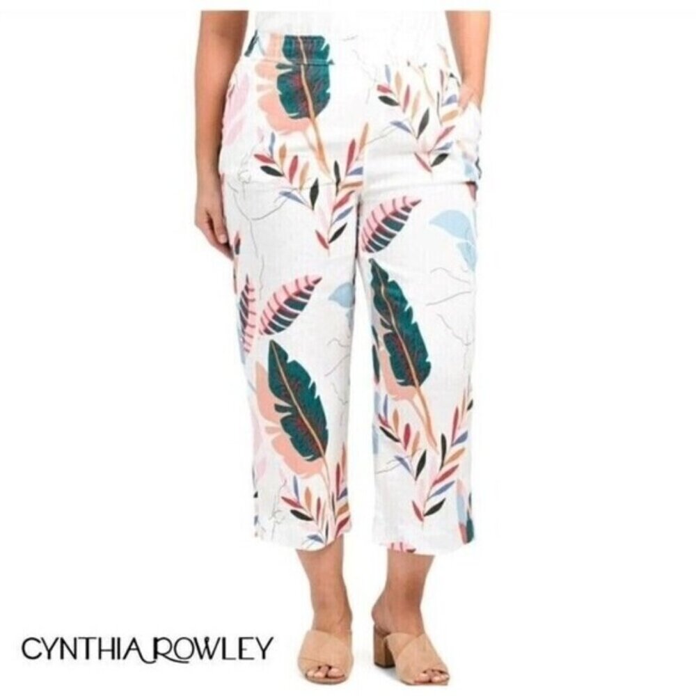 CYNTHIA ROWLEY Plus High Rise Linen Tropical Print Wide Leg Crop Pants SZ 1X